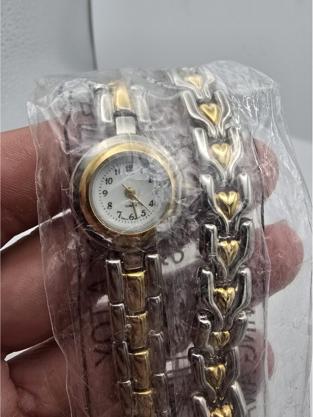 Ladies Two Tone Silver Gold Quartz Watch & Heart Link Bracelet Set White Dial